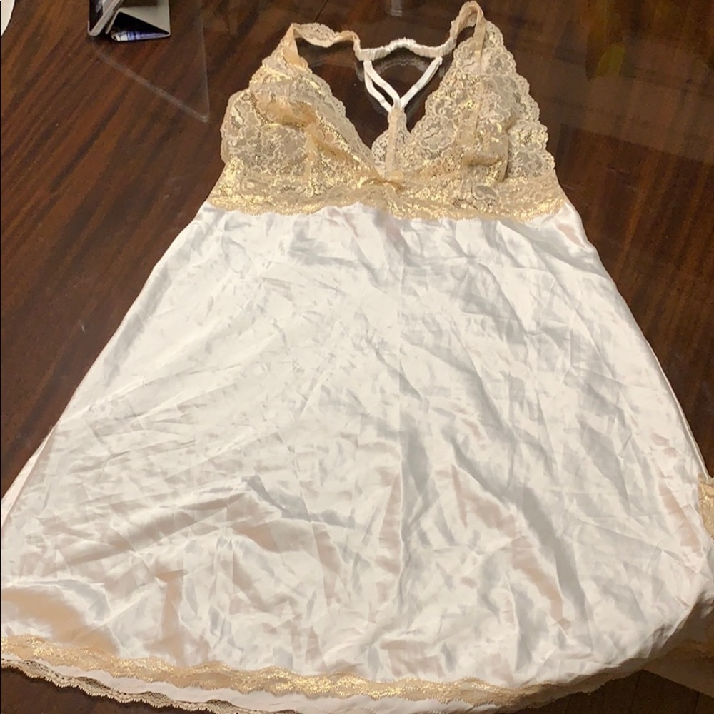 Victoria Secret White Silk & Gold Lace Nightgown